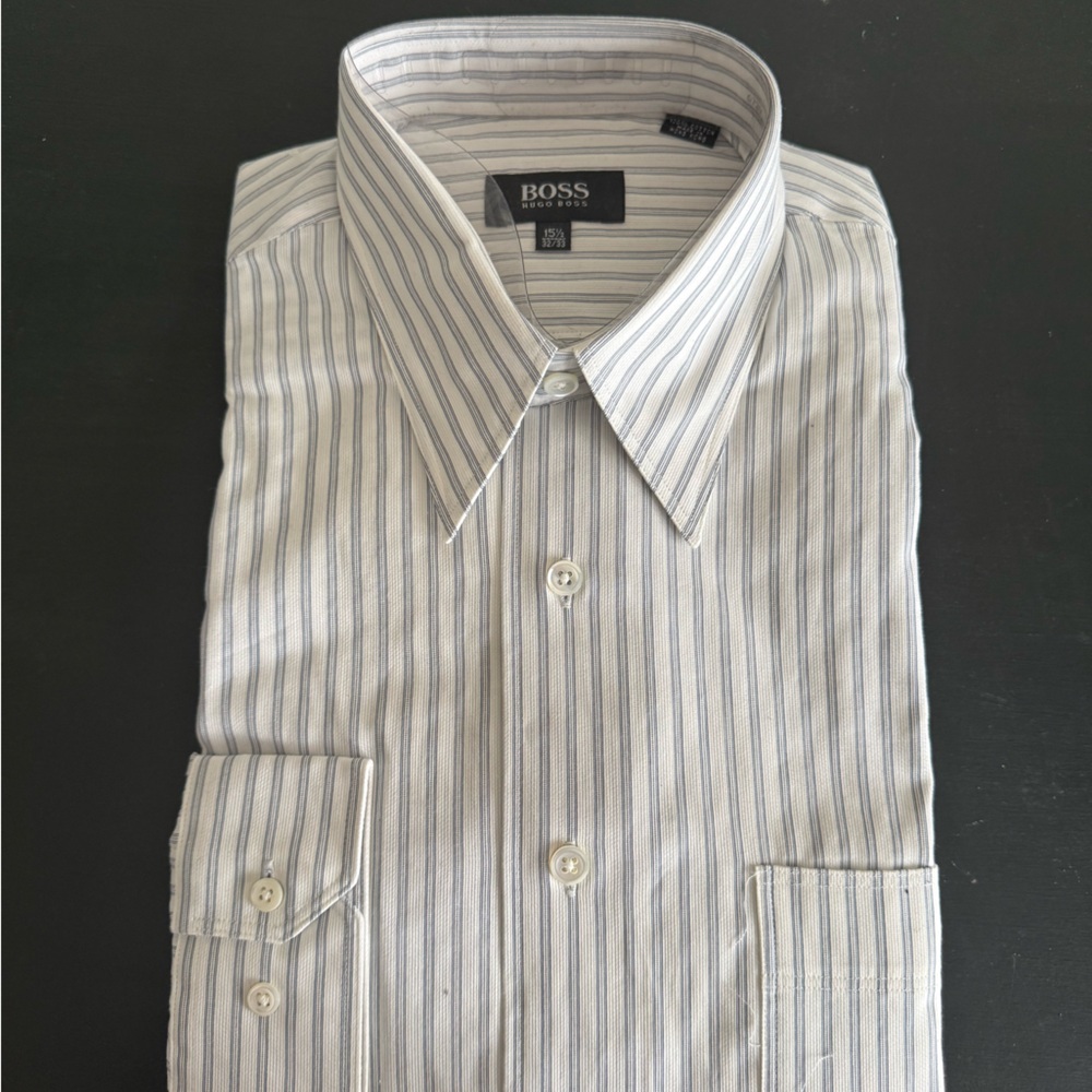 Hugo Boss Men's White and Gray Striped Dress Shirt